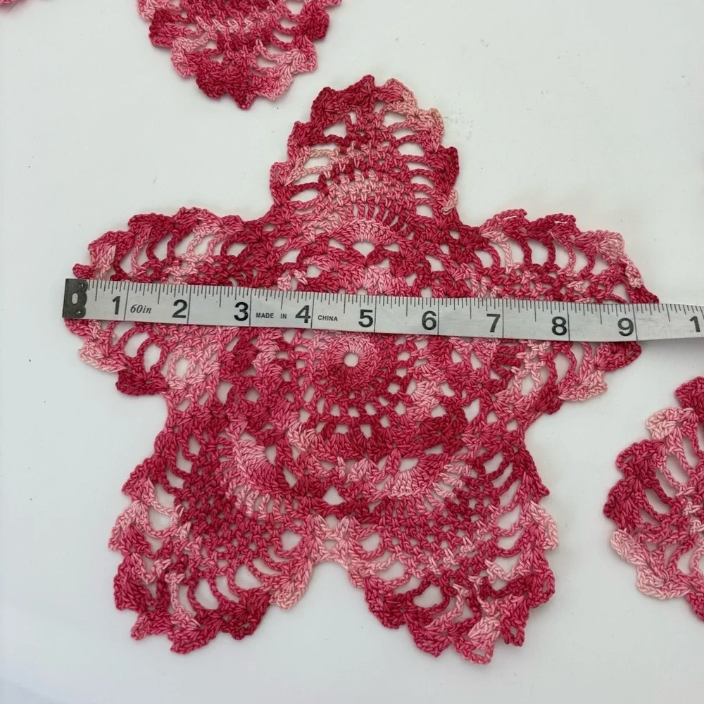 Vintage Handmade Pink and White Star Crochet Doilies 3 Large and 1 Small